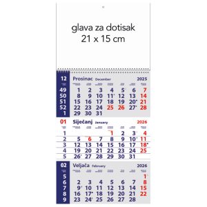 Kalendar zidni trodijelni mali 2026.-3 mjesec/listu, spirala