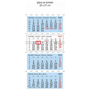 Kalendar zidni četverodijelni 2026. 4 bloka preklopni
