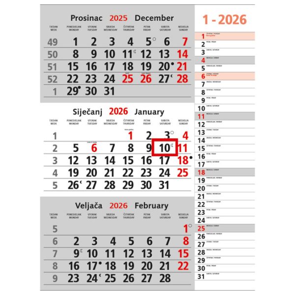 Kalendar zidni trodijelni memo - nespiralirani
