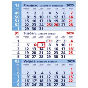 Kalendar zidni trodijelni plavi - nespiralirani