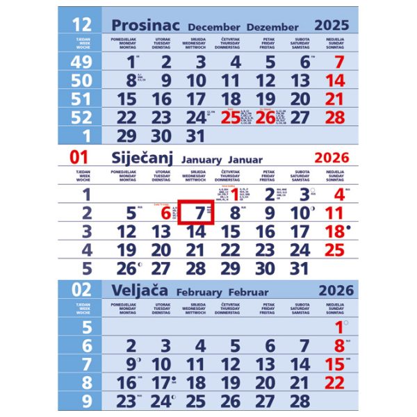 Kalendar zidni trodijelni plavi - nespiralirani