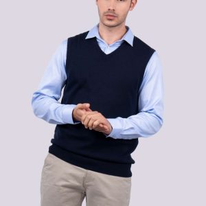 MEN’S V-NECK SLEEVELESS PULLOVER FINE GAUGE COTTON